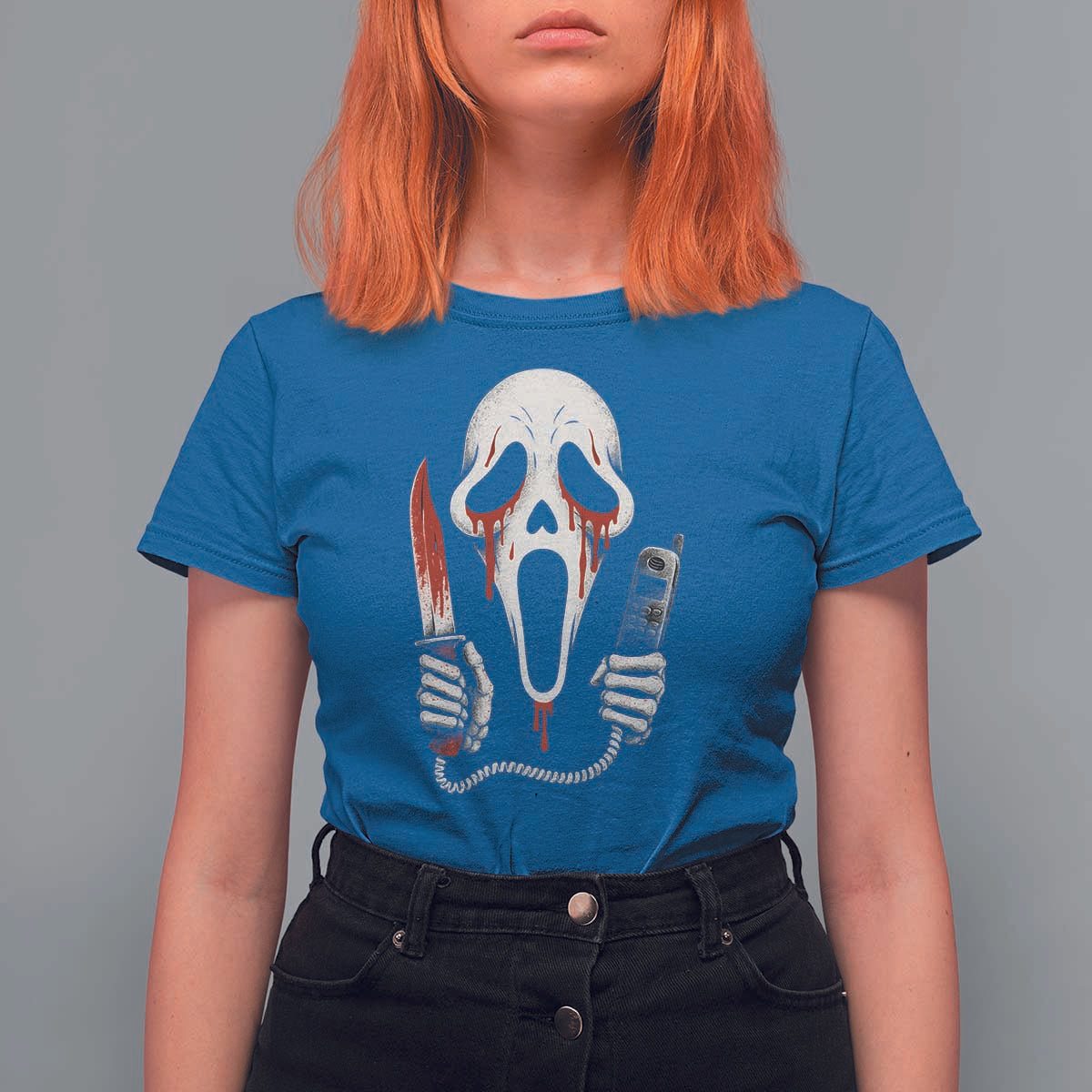 Funny Halloween Scary Face Ghost T Shirt For Women Horror Slasher Bloody Knife - Wonder Print Shop