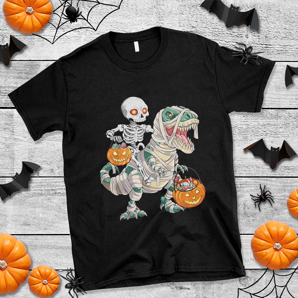 Funny Skeleton Riding Mummy Dinosaur Halloween T Shirt - Wonder Print Shop