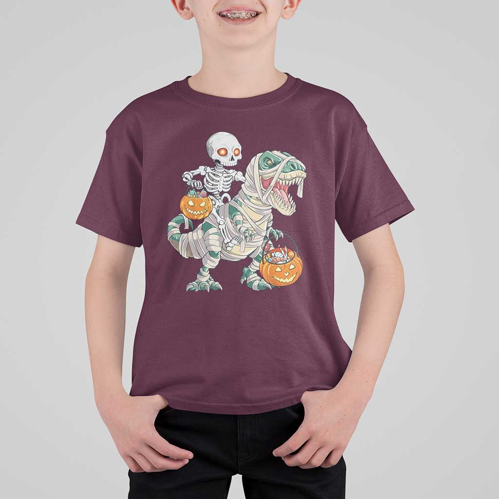 Funny Skeleton Riding Mummy Dinosaur Halloween T Shirt For Kid - Wonder Print Shop