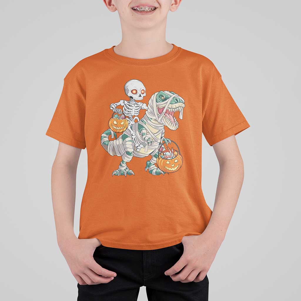 Funny Skeleton Riding Mummy Dinosaur Halloween T Shirt For Kid - Wonder Print Shop
