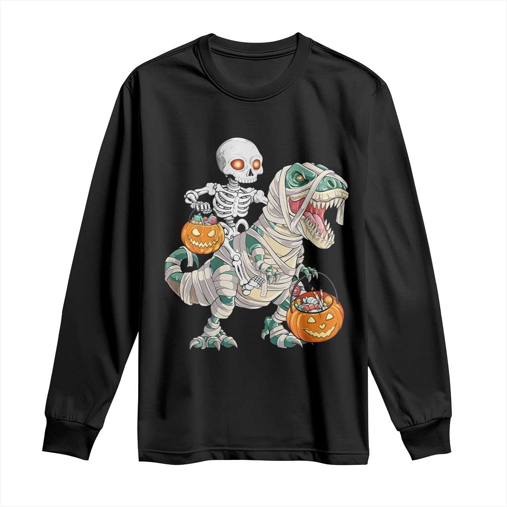 Funny Skeleton Riding Mummy Dinosaur Halloween Long Sleeve Shirt - Wonder Print Shop