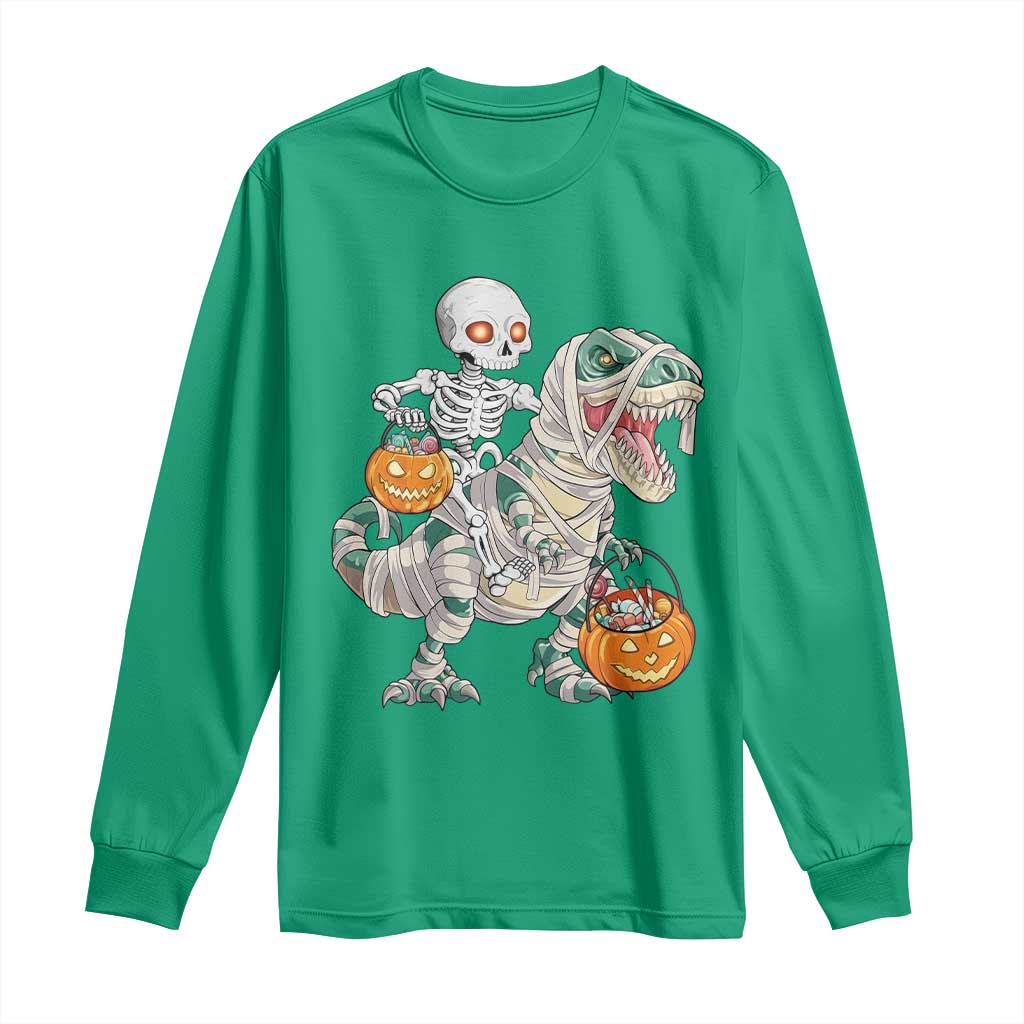 Funny Skeleton Riding Mummy Dinosaur Halloween Long Sleeve Shirt - Wonder Print Shop
