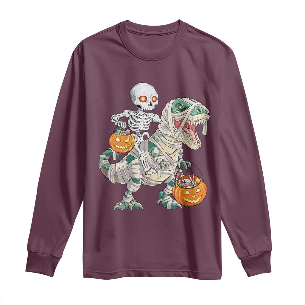 Funny Skeleton Riding Mummy Dinosaur Halloween Long Sleeve Shirt - Wonder Print Shop