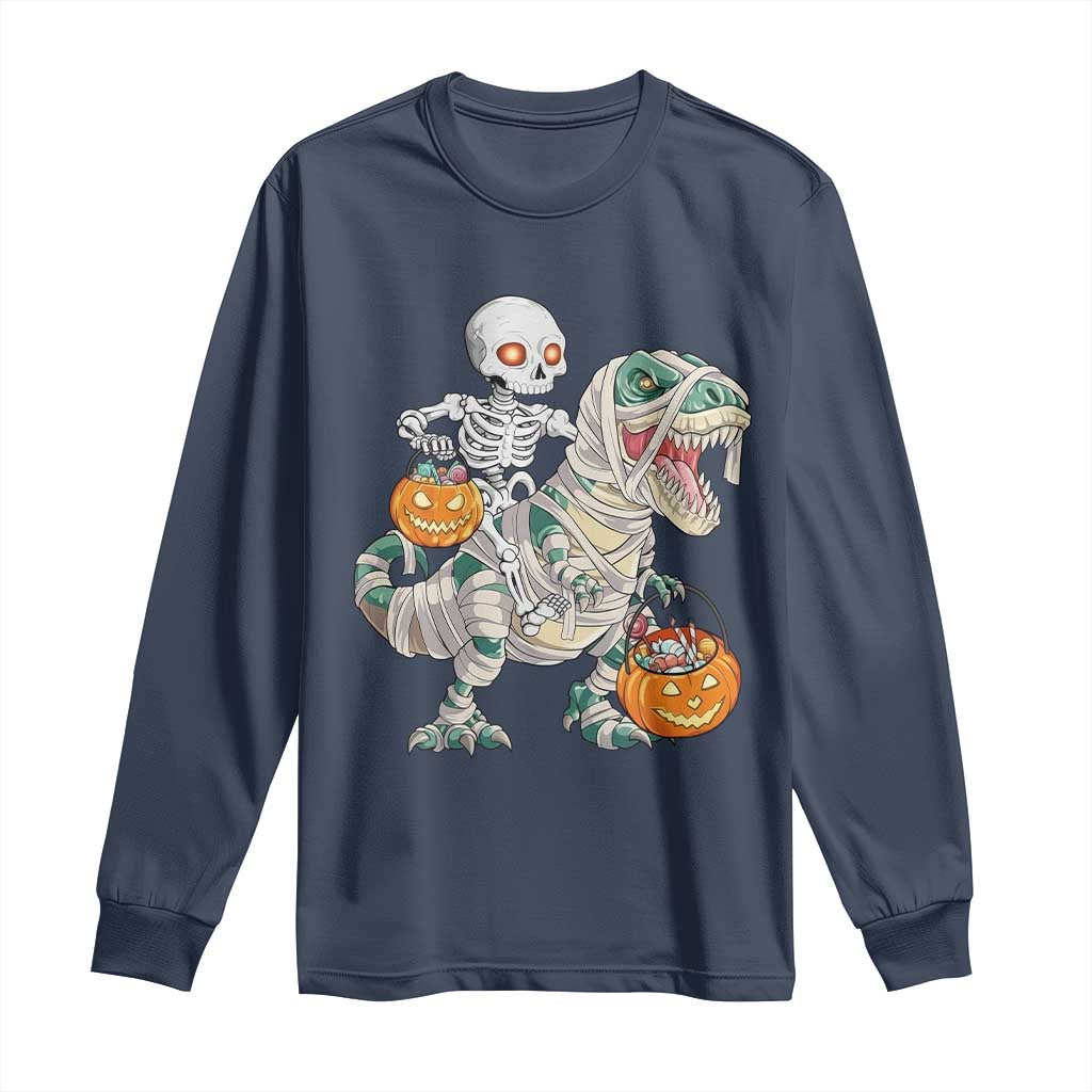 Funny Skeleton Riding Mummy Dinosaur Halloween Long Sleeve Shirt - Wonder Print Shop