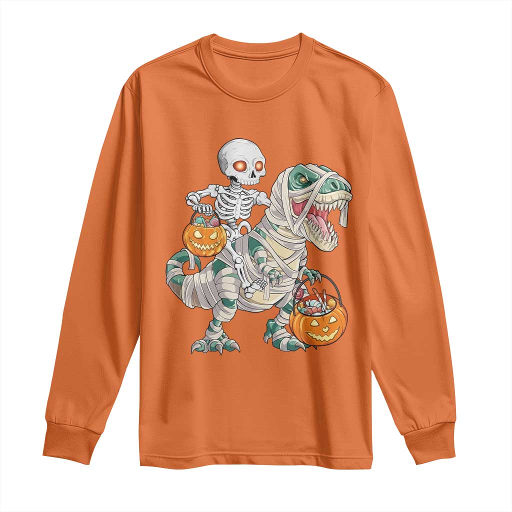 Funny Skeleton Riding Mummy Dinosaur Halloween Long Sleeve Shirt - Wonder Print Shop