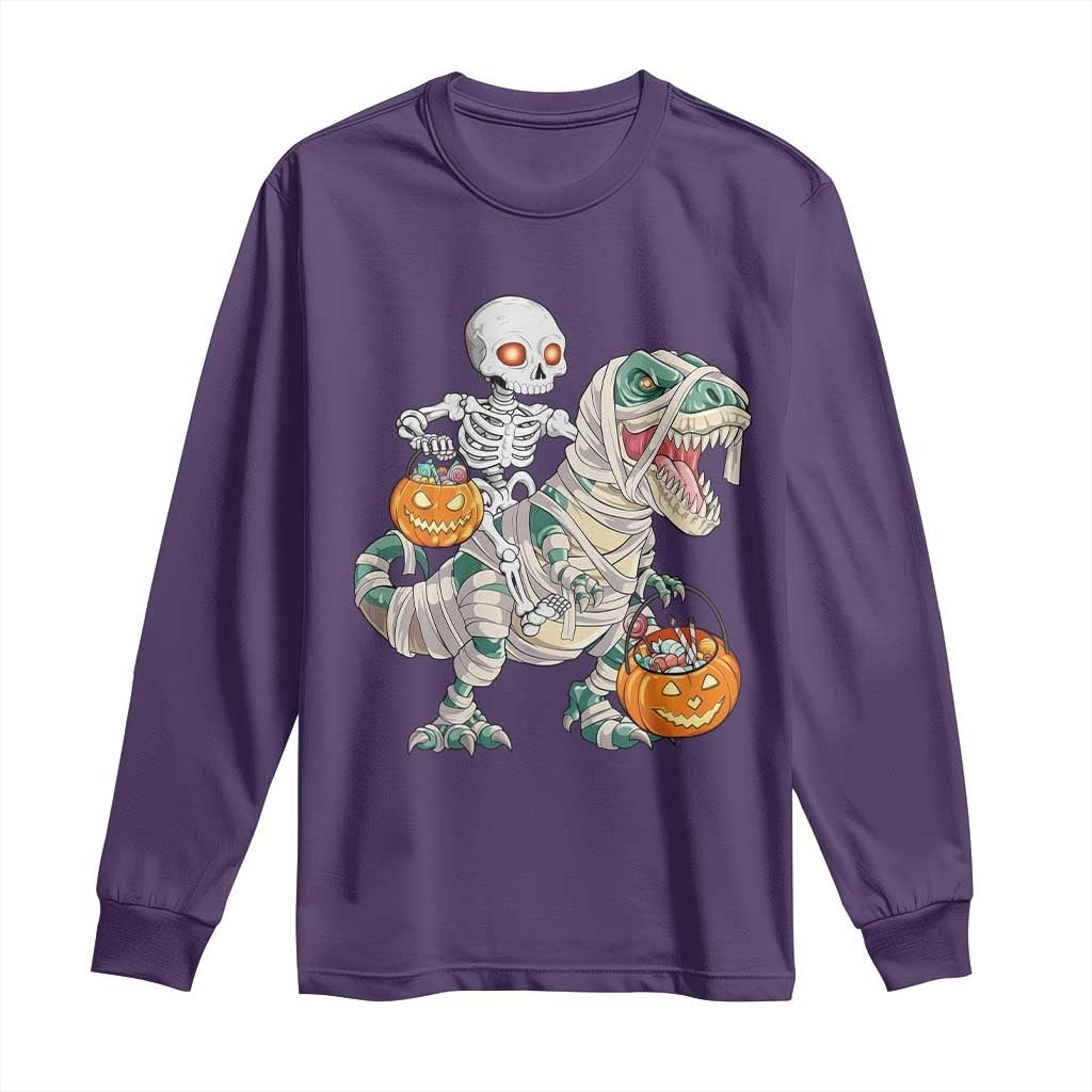 Funny Skeleton Riding Mummy Dinosaur Halloween Long Sleeve Shirt - Wonder Print Shop