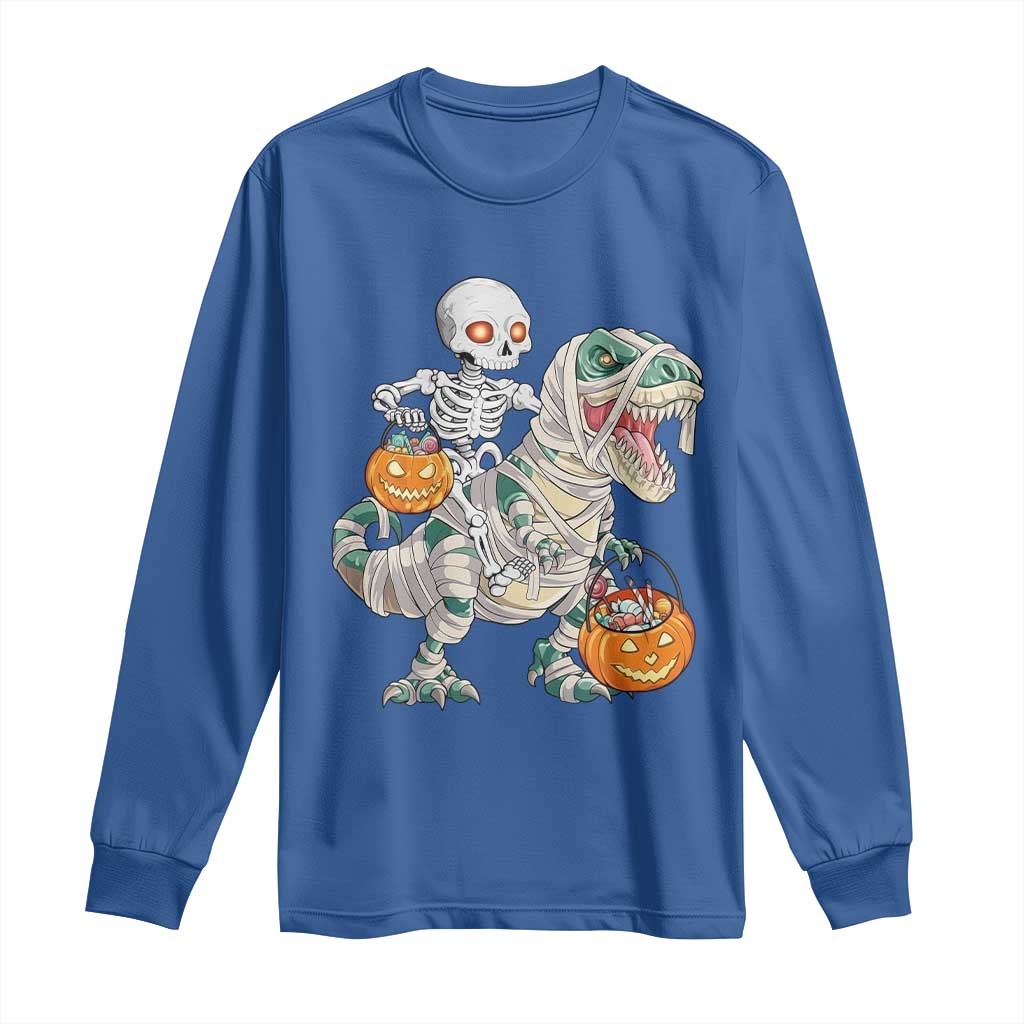 Funny Skeleton Riding Mummy Dinosaur Halloween Long Sleeve Shirt - Wonder Print Shop