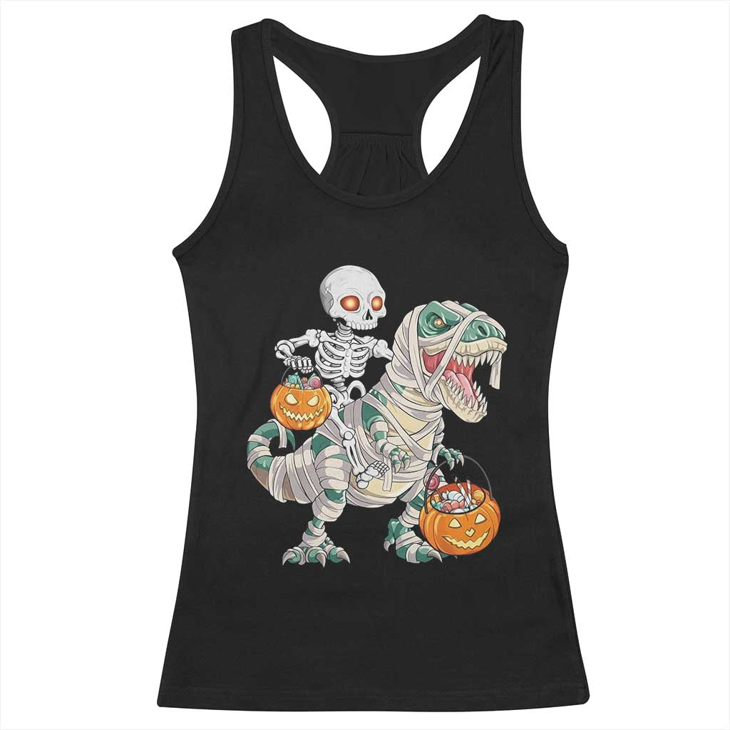 Funny Skeleton Riding Mummy Dinosaur Halloween Racerback Tank Top - Wonder Print Shop