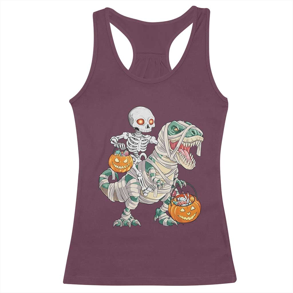 Funny Skeleton Riding Mummy Dinosaur Halloween Racerback Tank Top - Wonder Print Shop