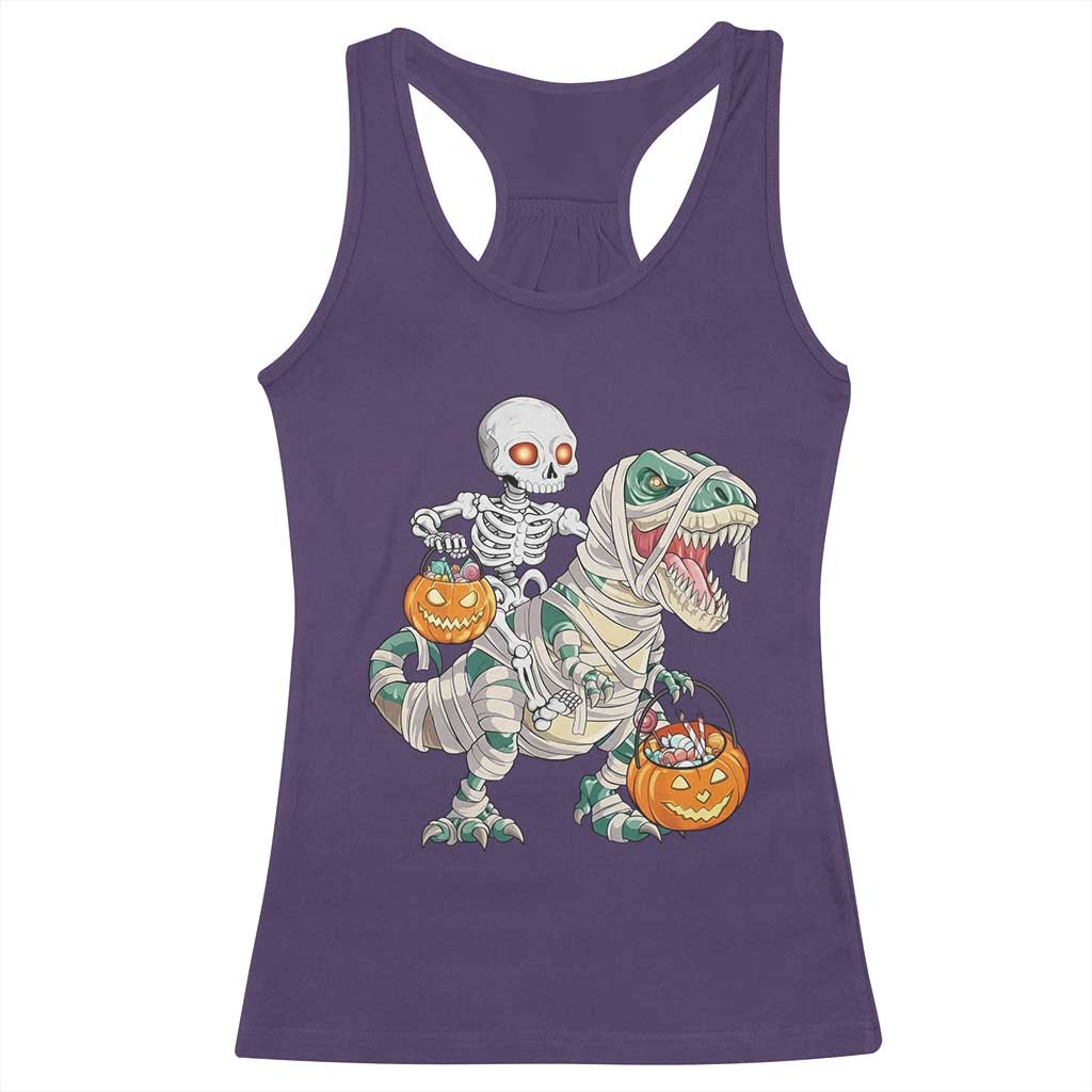 Funny Skeleton Riding Mummy Dinosaur Halloween Racerback Tank Top - Wonder Print Shop