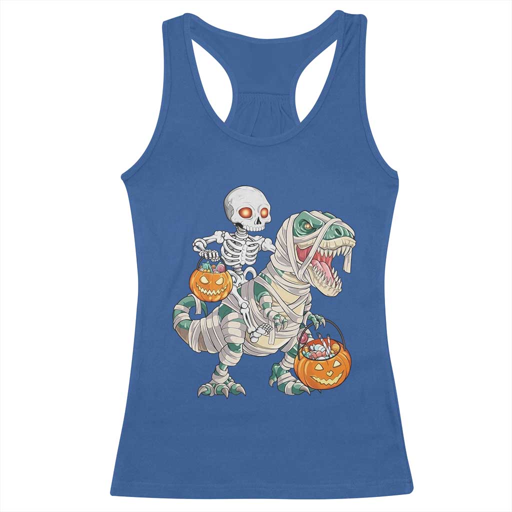 Funny Skeleton Riding Mummy Dinosaur Halloween Racerback Tank Top - Wonder Print Shop