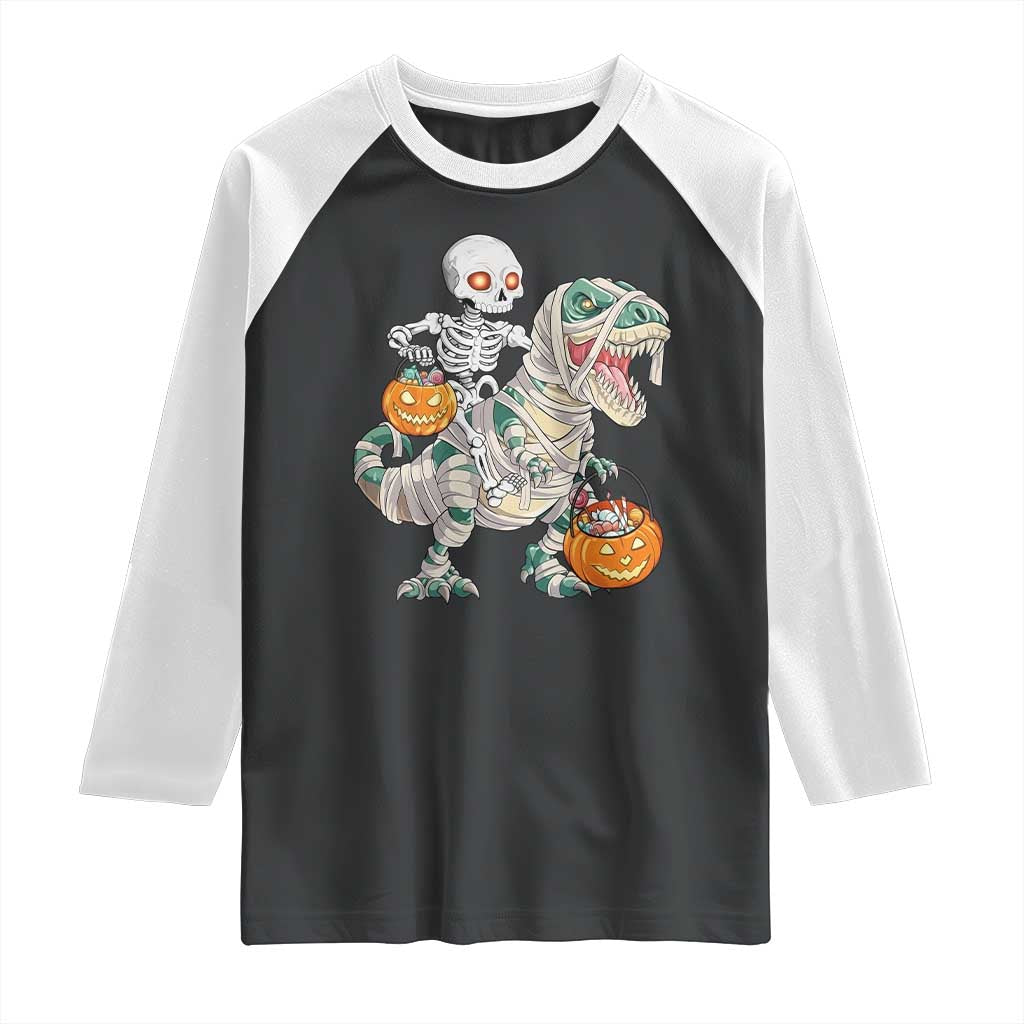 Funny Skeleton Riding Mummy Dinosaur Halloween Raglan Shirt - Wonder Print Shop
