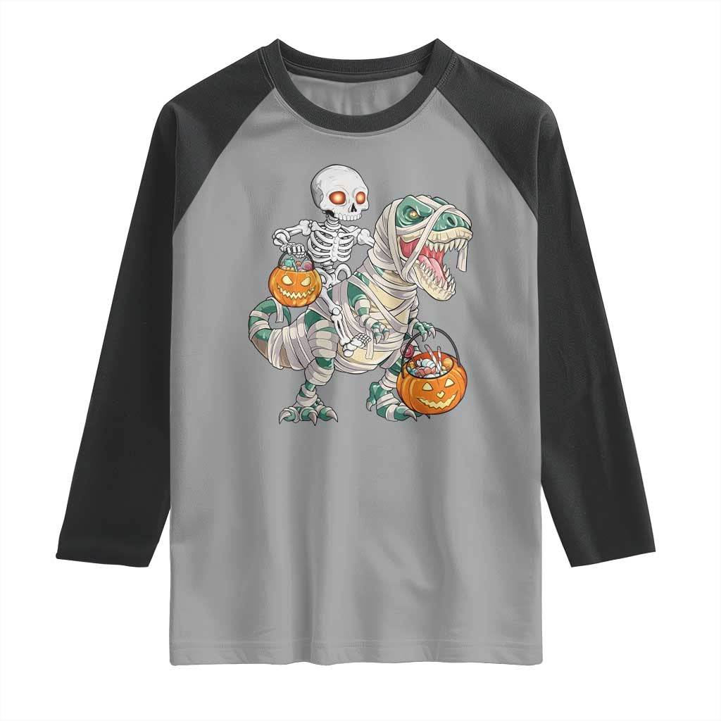 Funny Skeleton Riding Mummy Dinosaur Halloween Raglan Shirt - Wonder Print Shop