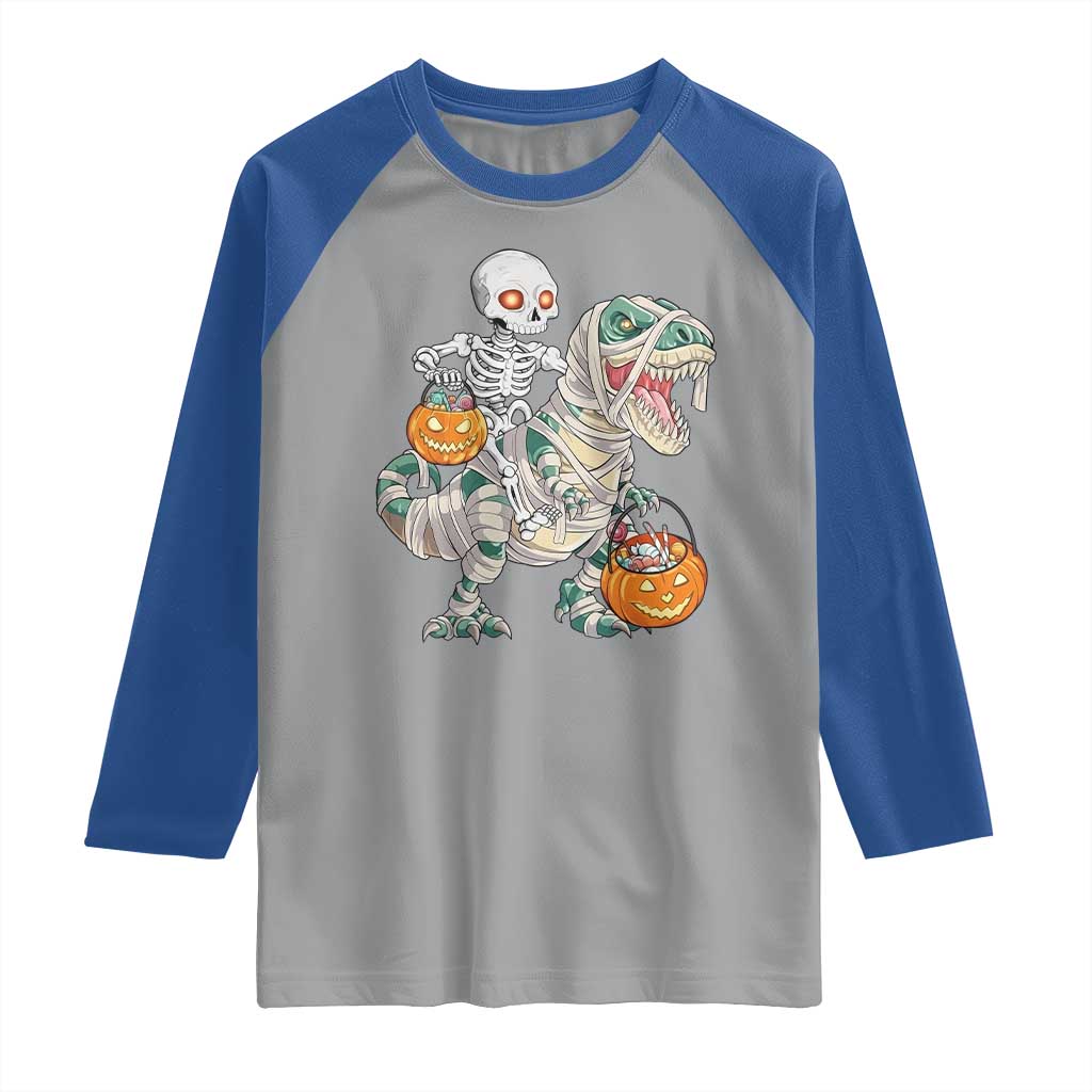 Funny Skeleton Riding Mummy Dinosaur Halloween Raglan Shirt - Wonder Print Shop