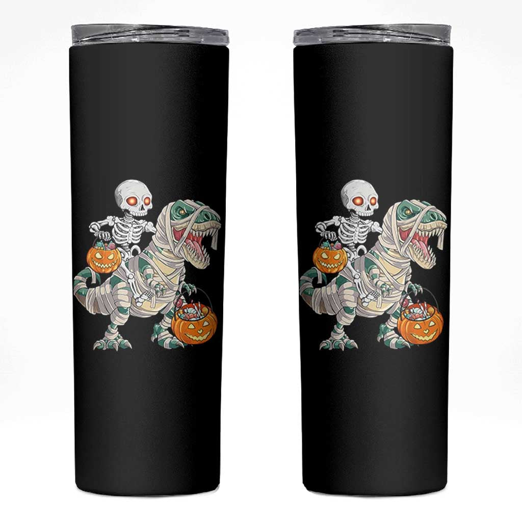 Funny Skeleton Riding Mummy Dinosaur Halloween Skinny Tumbler - Wonder Print Shop