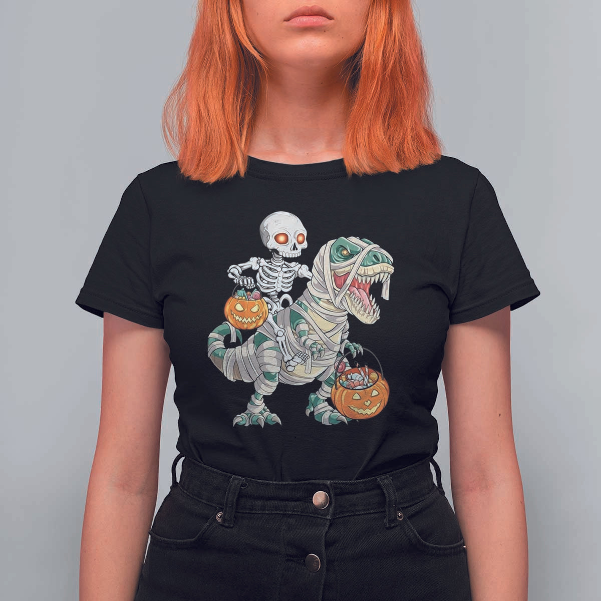 Funny Skeleton Riding Mummy Dinosaur Halloween T Shirt For Women - Wonder Print Shop