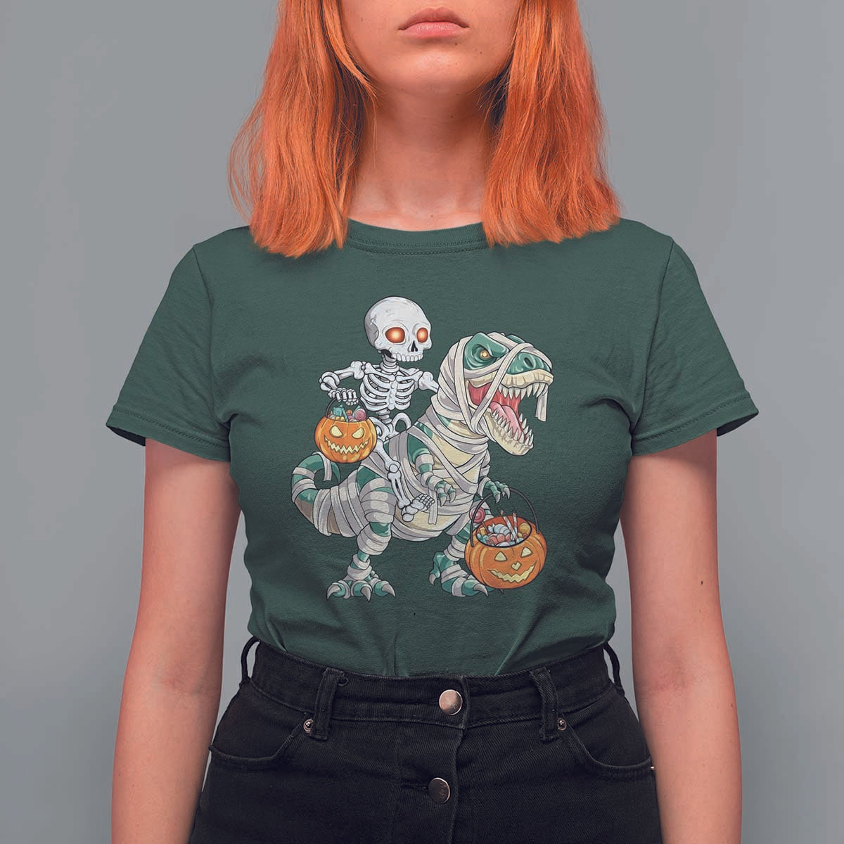 Funny Skeleton Riding Mummy Dinosaur Halloween T Shirt For Women - Wonder Print Shop