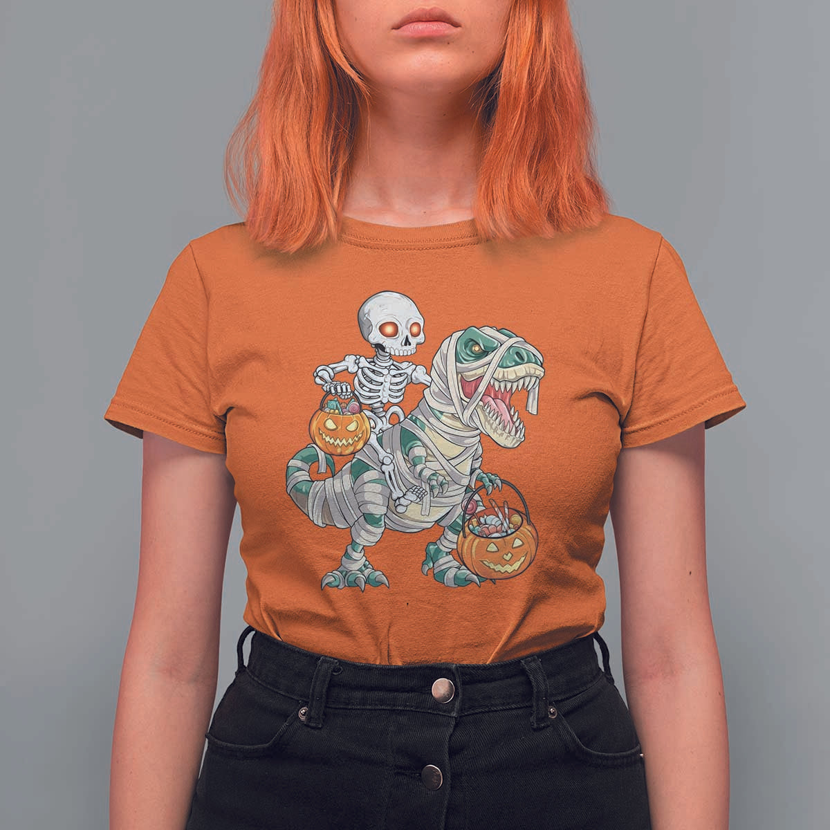 Funny Skeleton Riding Mummy Dinosaur Halloween T Shirt For Women - Wonder Print Shop