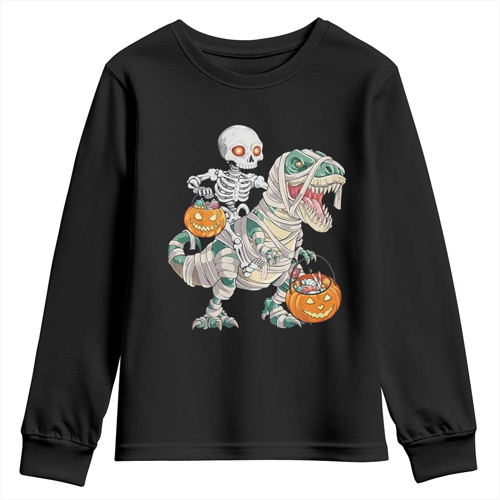 Funny Skeleton Riding Mummy Dinosaur Halloween Youth Sweatshirt - Wonder Print Shop