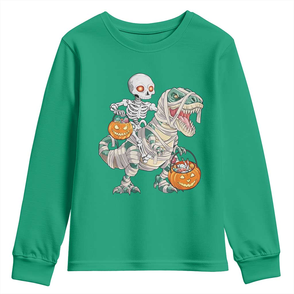 Funny Skeleton Riding Mummy Dinosaur Halloween Youth Sweatshirt - Wonder Print Shop