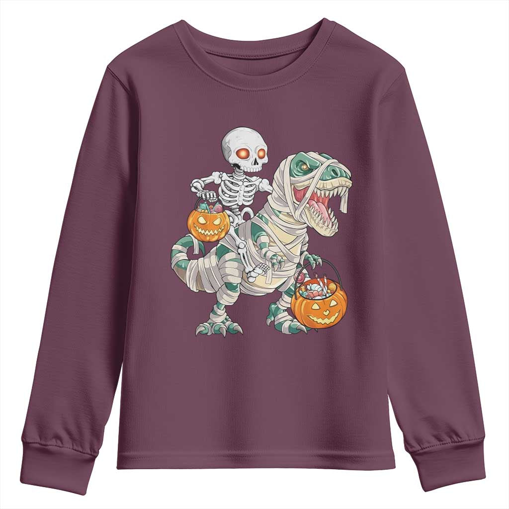 Funny Skeleton Riding Mummy Dinosaur Halloween Youth Sweatshirt - Wonder Print Shop