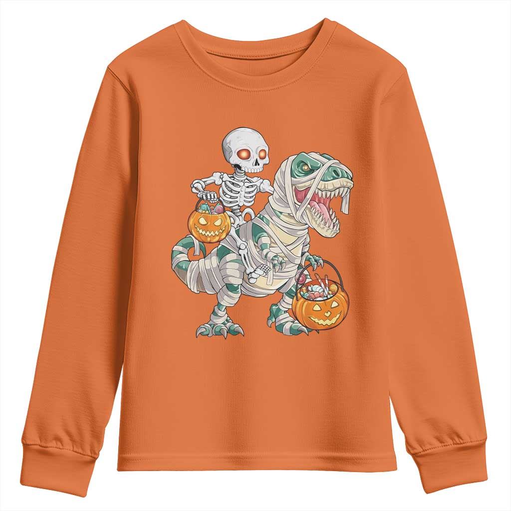 Funny Skeleton Riding Mummy Dinosaur Halloween Youth Sweatshirt - Wonder Print Shop