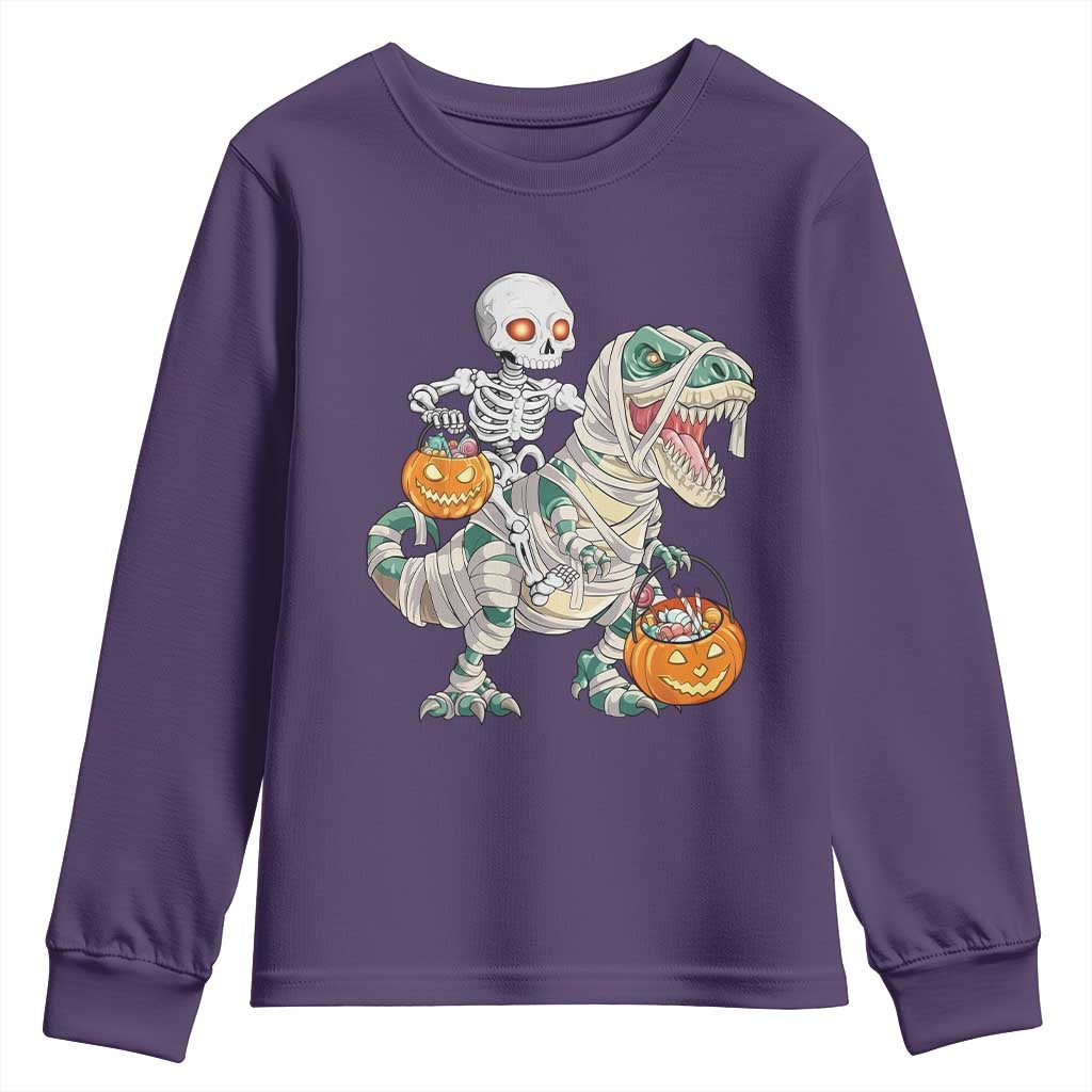 Funny Skeleton Riding Mummy Dinosaur Halloween Youth Sweatshirt - Wonder Print Shop