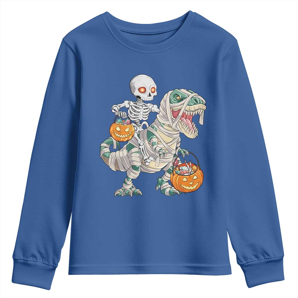 Funny Skeleton Riding Mummy Dinosaur Halloween Youth Sweatshirt - Wonder Print Shop