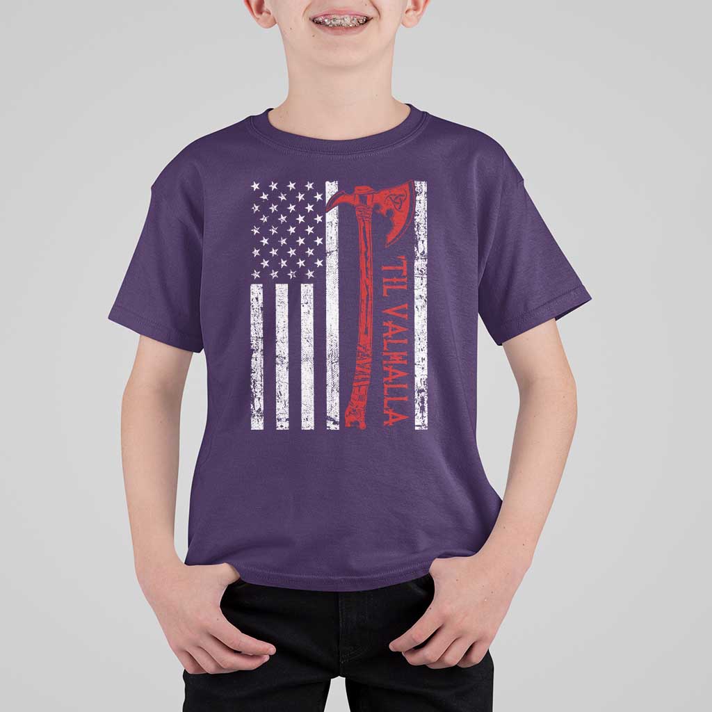 Viking Til Valhalla T Shirt For Kid Norse Mythology Axe USA Flag - Wonder Print Shop