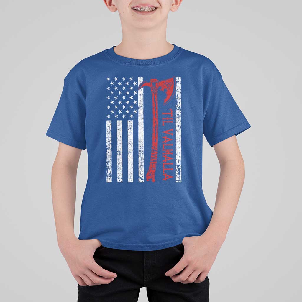 Viking Til Valhalla T Shirt For Kid Norse Mythology Axe USA Flag - Wonder Print Shop