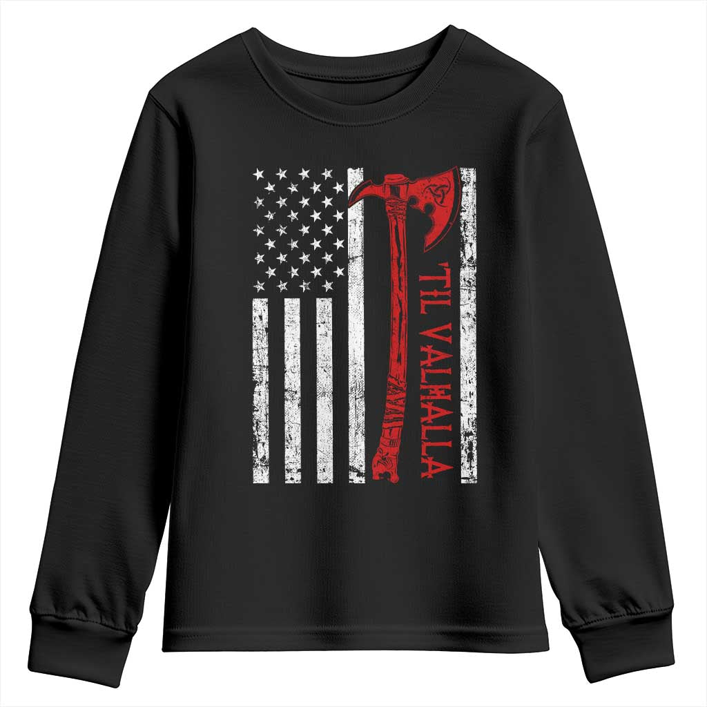 Viking Til Valhalla Youth Sweatshirt Norse Mythology Axe USA Flag - Wonder Print Shop