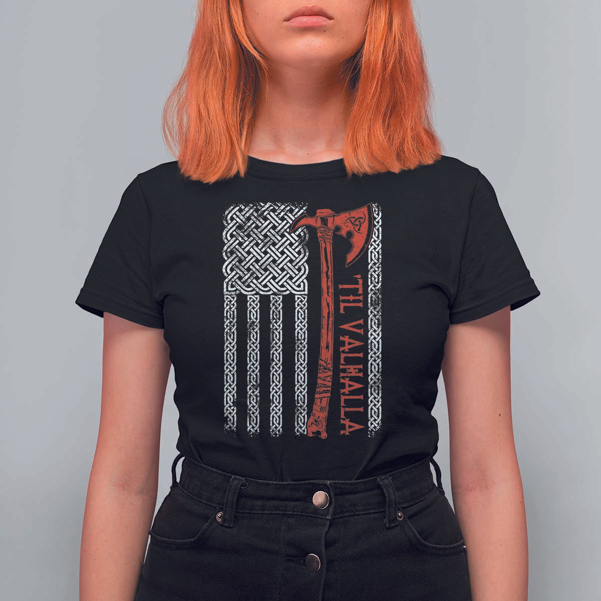 Viking Til Valhalla T Shirt For Women Norse Mythology Axe Celtic Knot USA Flag - Wonder Print Shop