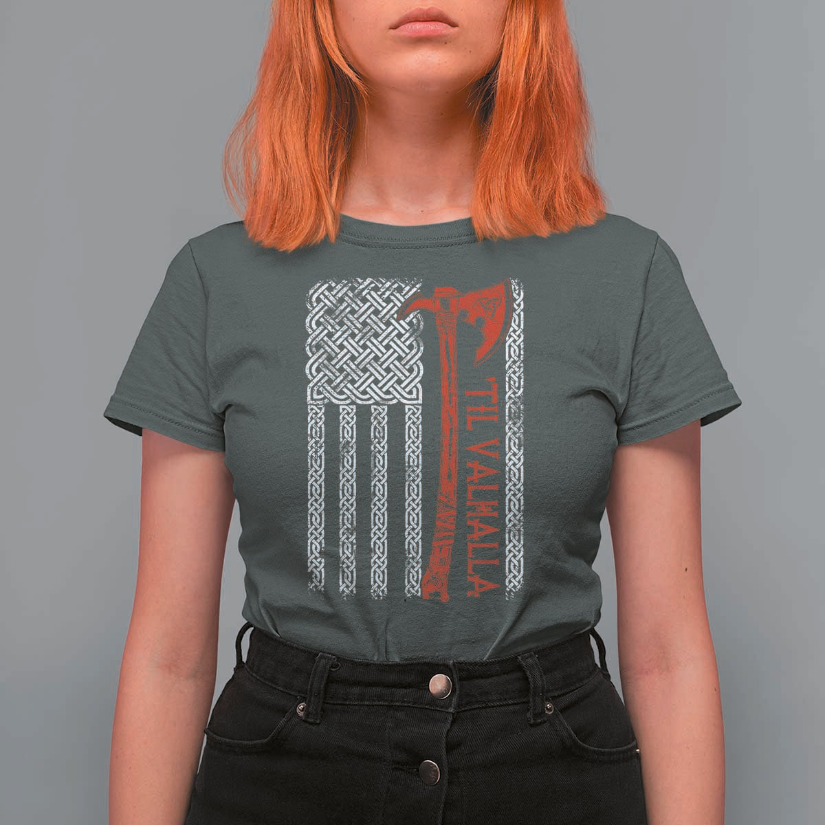 Viking Til Valhalla T Shirt For Women Norse Mythology Axe Celtic Knot USA Flag - Wonder Print Shop