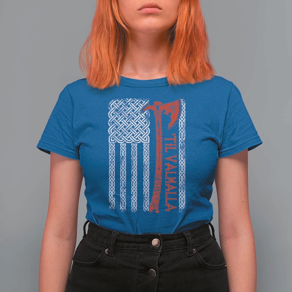 Viking Til Valhalla T Shirt For Women Norse Mythology Axe Celtic Knot USA Flag - Wonder Print Shop