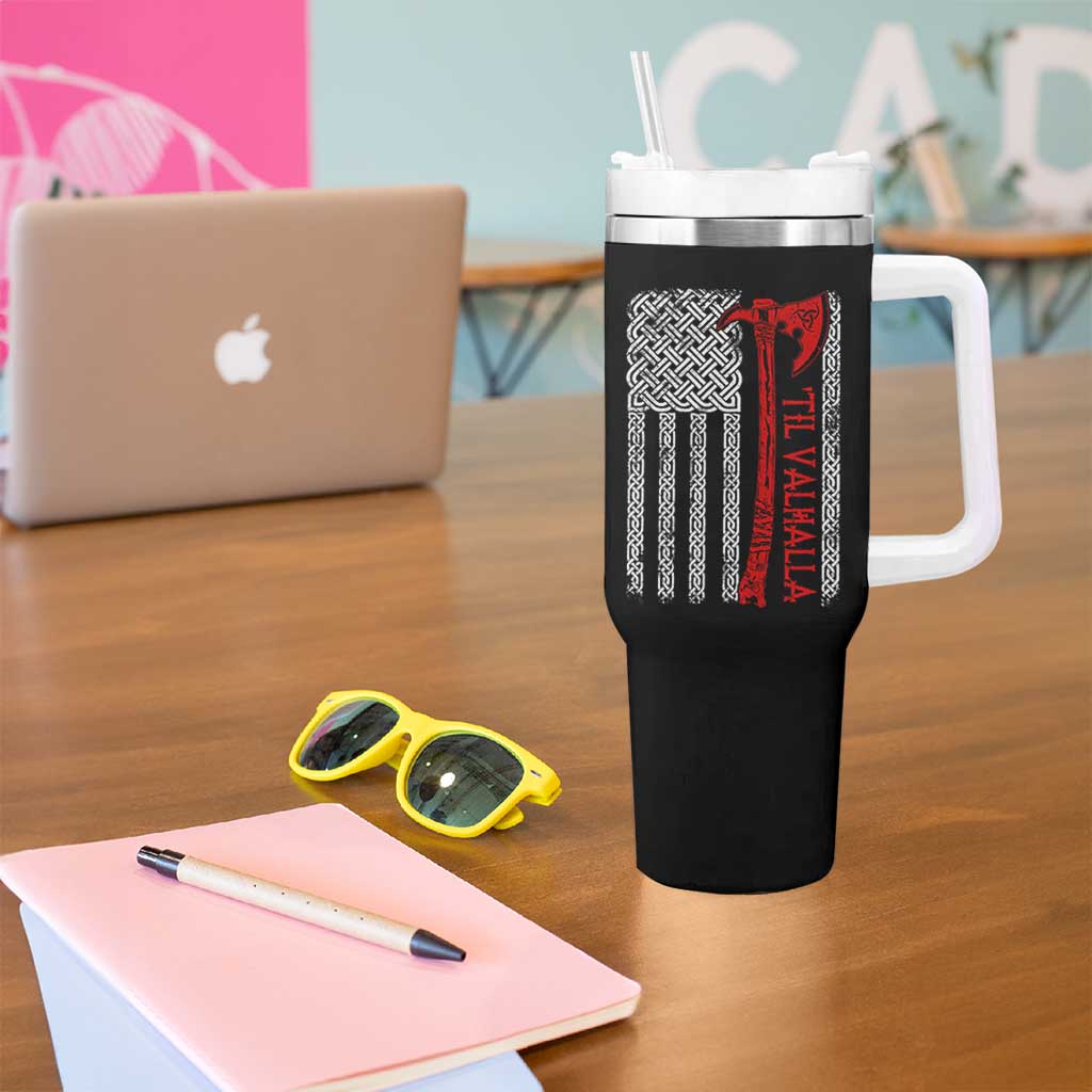 Viking Til Valhalla Tumbler With Handle Norse Mythology Axe Celtic Knot USA Flag - Wonder Print Shop