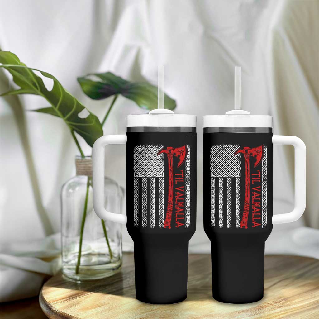 Viking Til Valhalla Tumbler With Handle Norse Mythology Axe Celtic Knot USA Flag - Wonder Print Shop