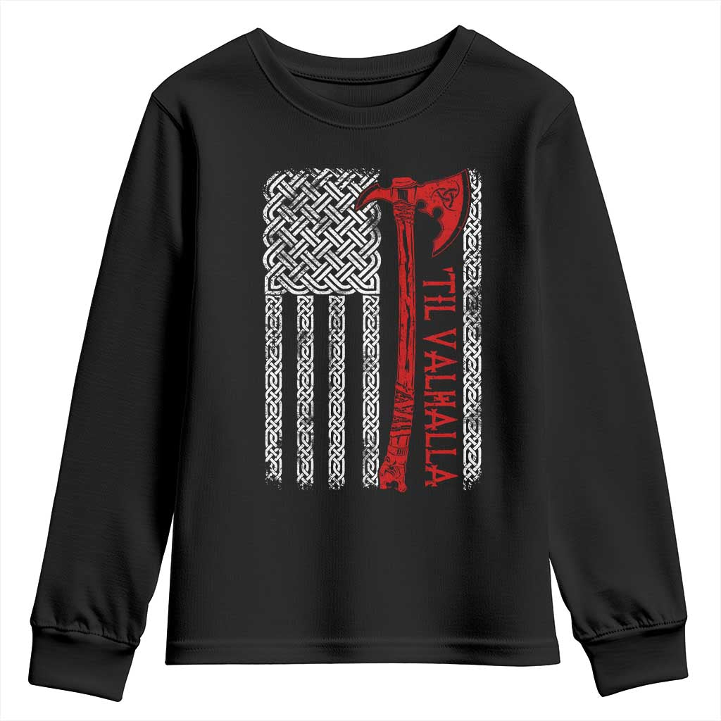 Viking Til Valhalla Youth Sweatshirt Norse Mythology Axe Celtic Knot USA Flag - Wonder Print Shop