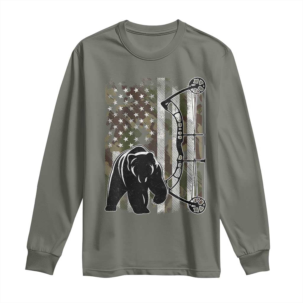 Bear Bowhunting Bow Archery Vintage Camo American Flag Long Sleeve Shirt - Wonder Print Shop