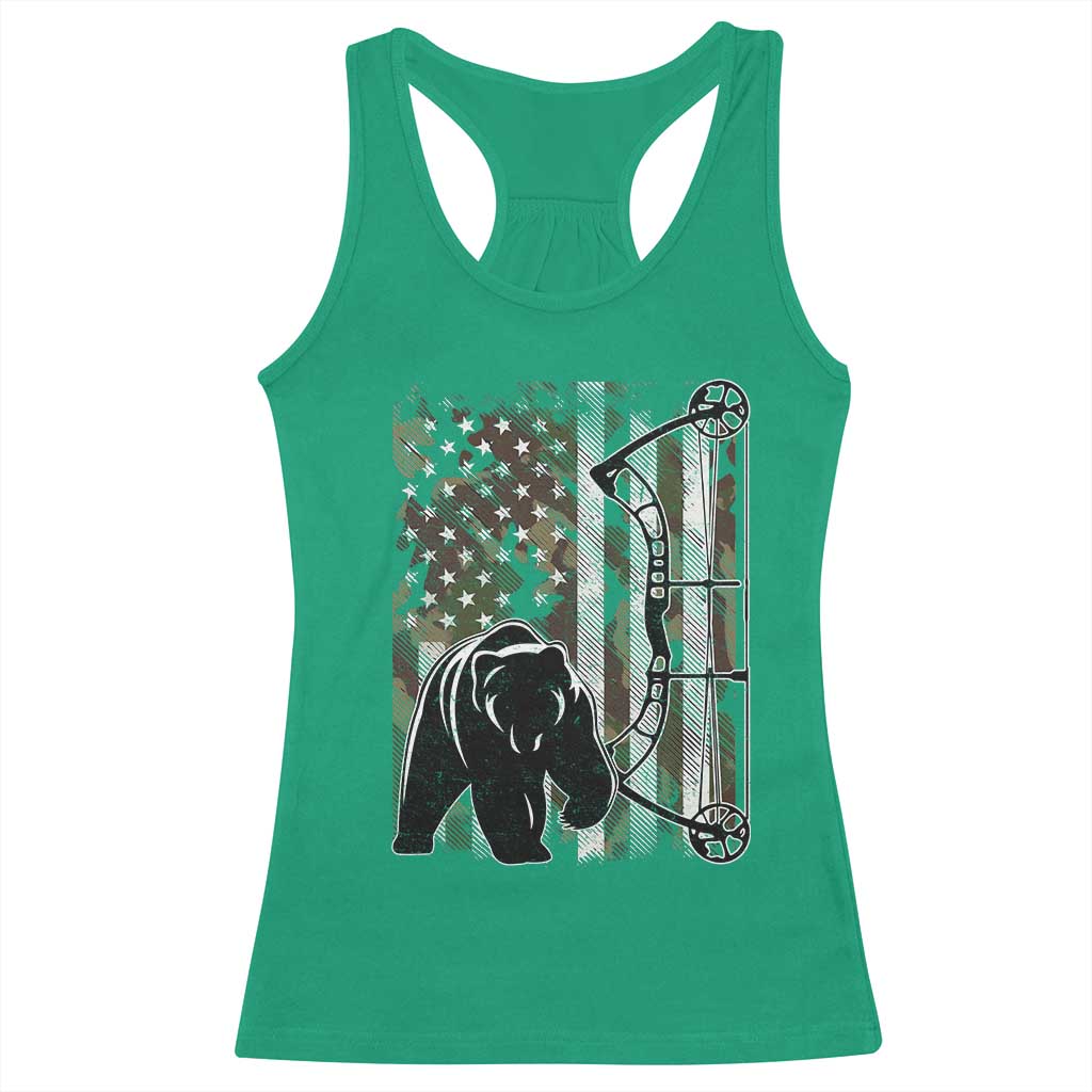 Bear Bowhunting Bow Archery Vintage Camo American Flag Racerback Tank Top - Wonder Print Shop
