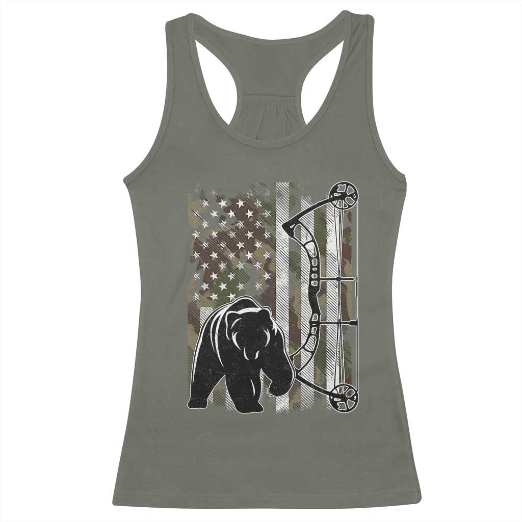 Bear Bowhunting Bow Archery Vintage Camo American Flag Racerback Tank Top - Wonder Print Shop