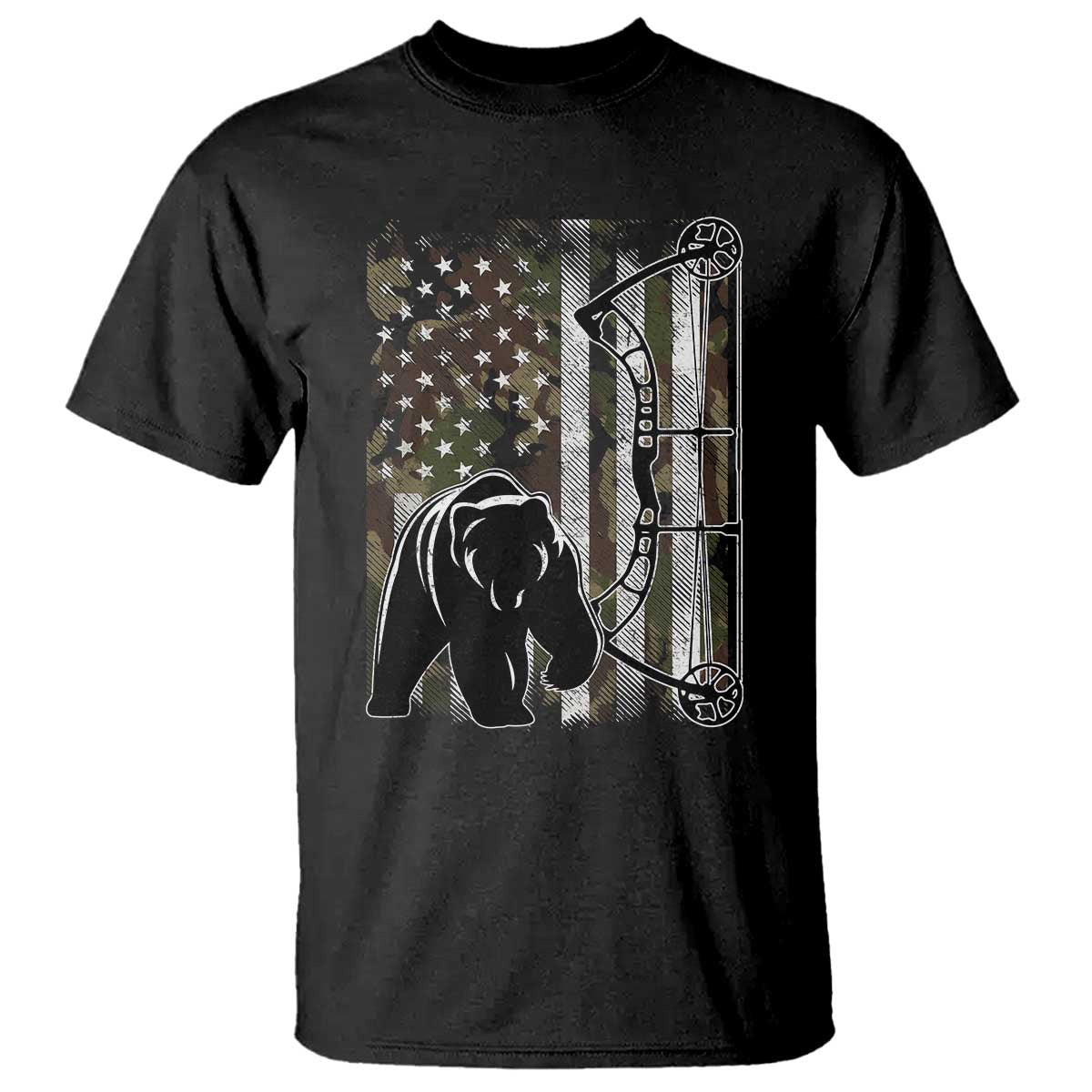 Bear Bowhunting Bow Archery Vintage Camo American Flag T Shirt - Wonder Print Shop