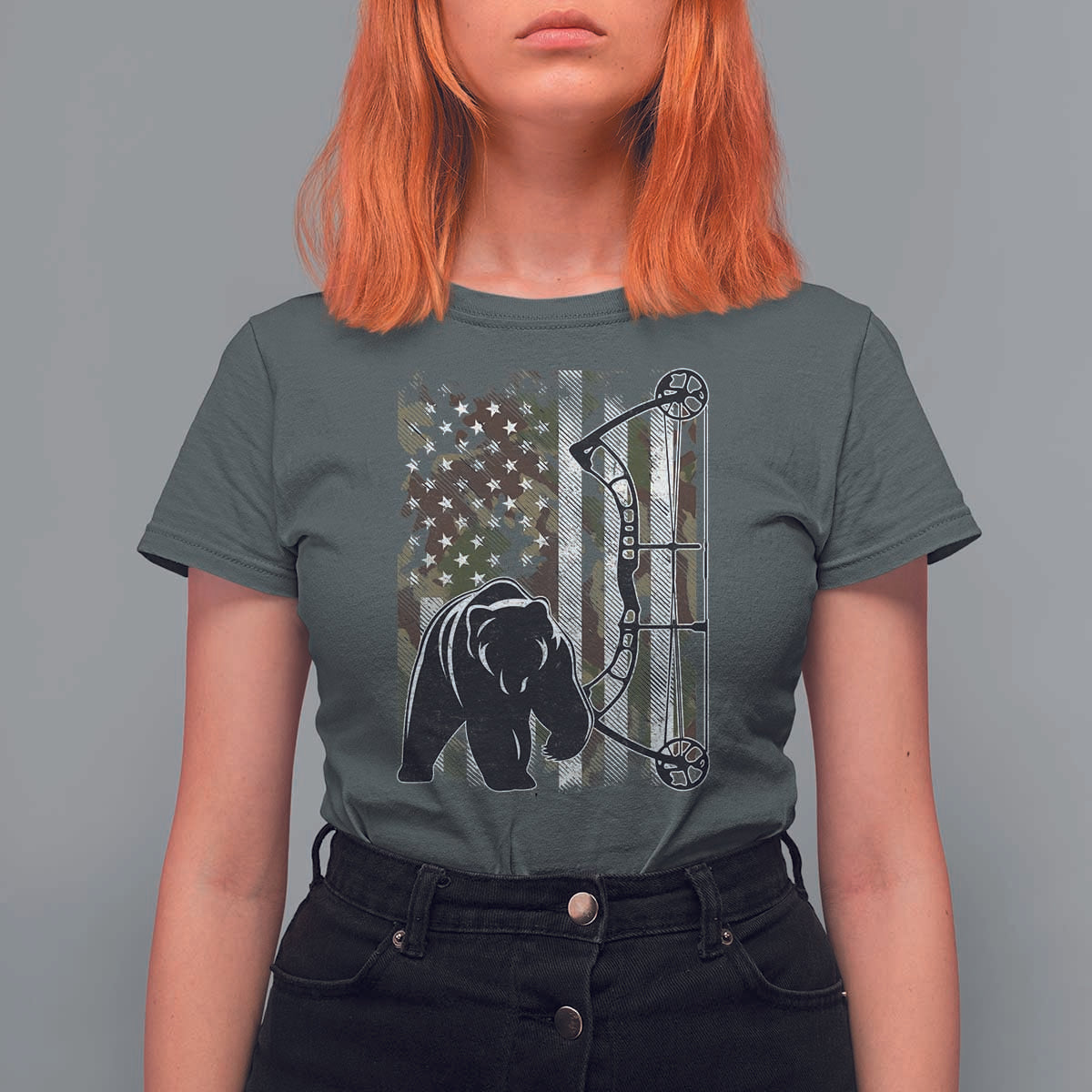 Bear Bowhunting Bow Archery Vintage Camo American Flag T Shirt For Women - Wonder Print Shop