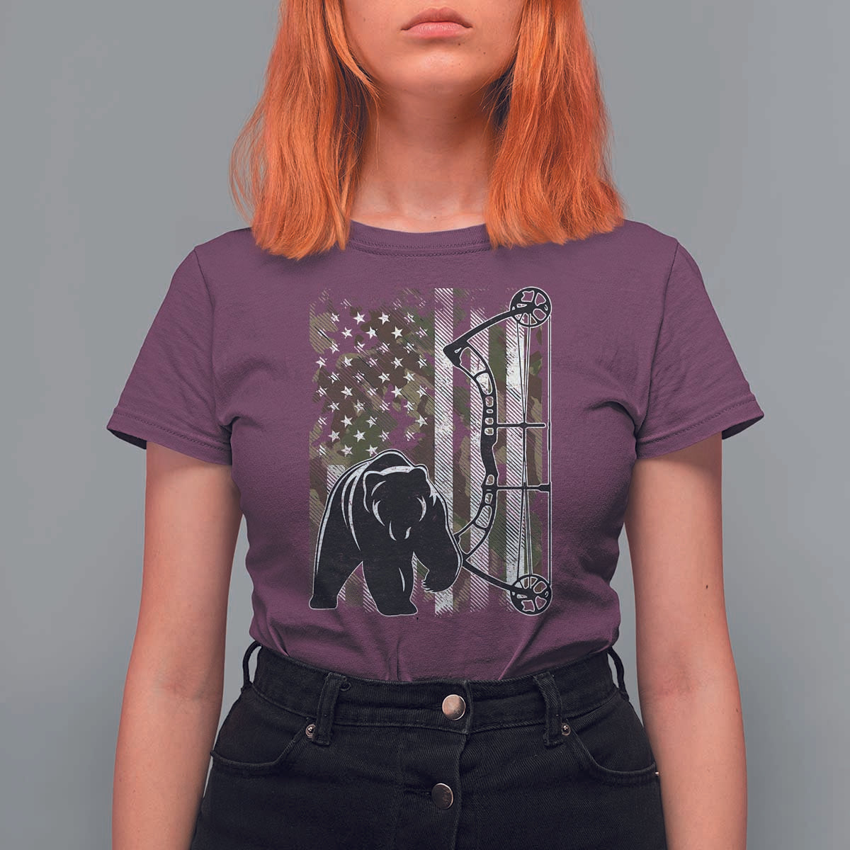 Bear Bowhunting Bow Archery Vintage Camo American Flag T Shirt For Women - Wonder Print Shop