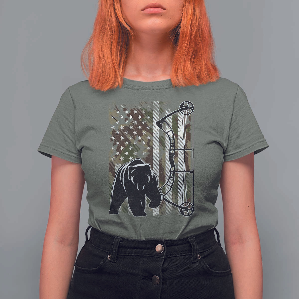 Bear Bowhunting Bow Archery Vintage Camo American Flag T Shirt For Women - Wonder Print Shop
