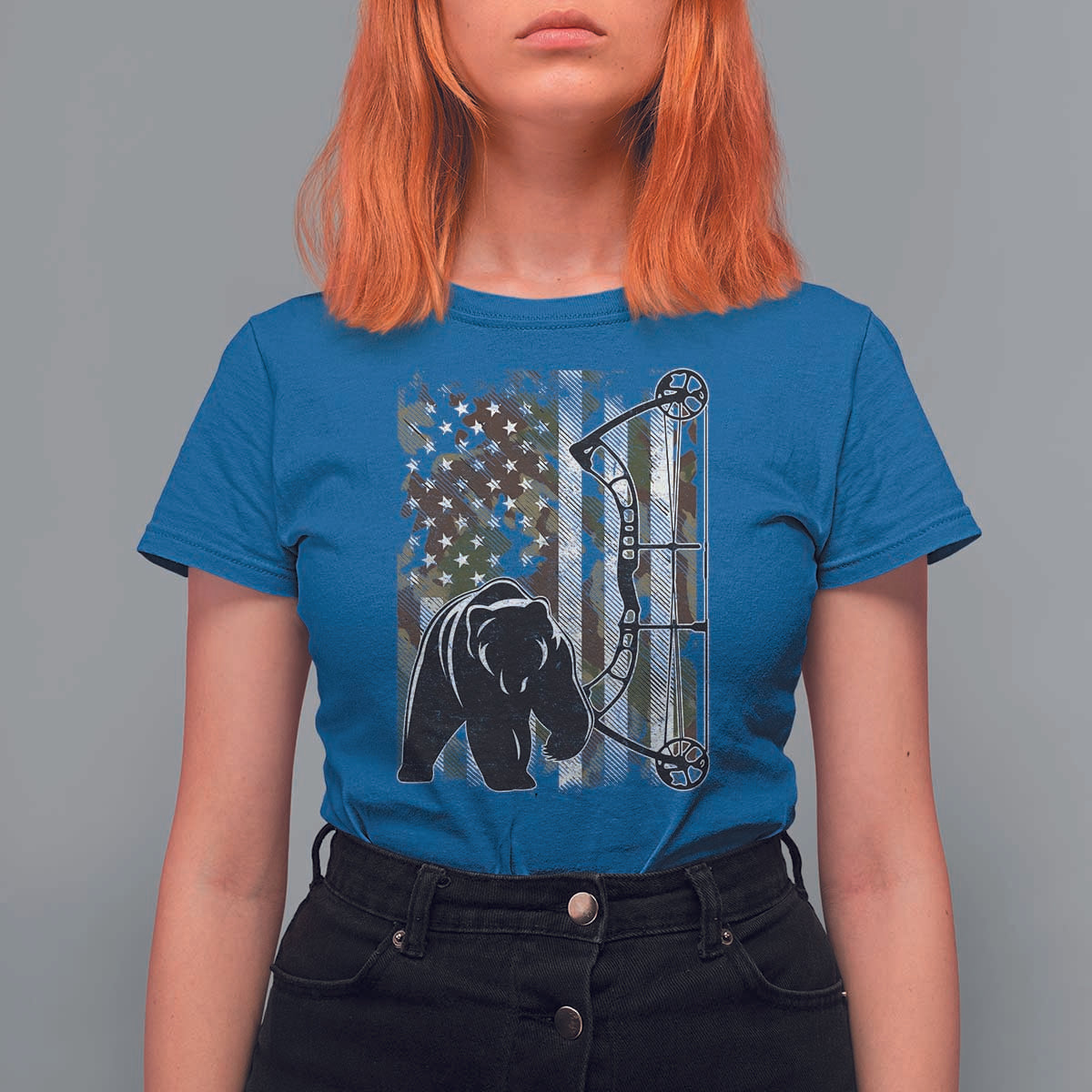Bear Bowhunting Bow Archery Vintage Camo American Flag T Shirt For Women - Wonder Print Shop