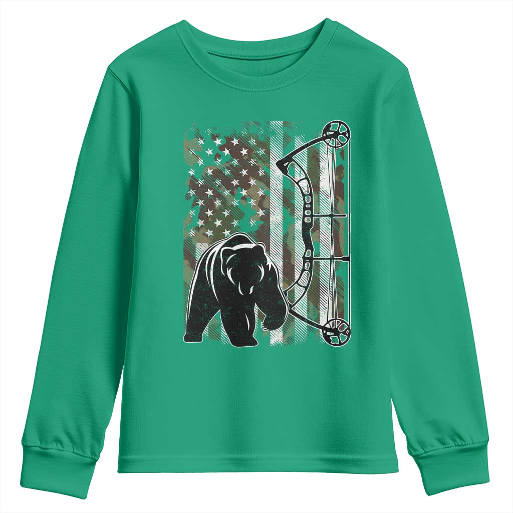 Bear Bowhunting Bow Archery Vintage Camo American Flag Youth Sweatshirt - Wonder Print Shop