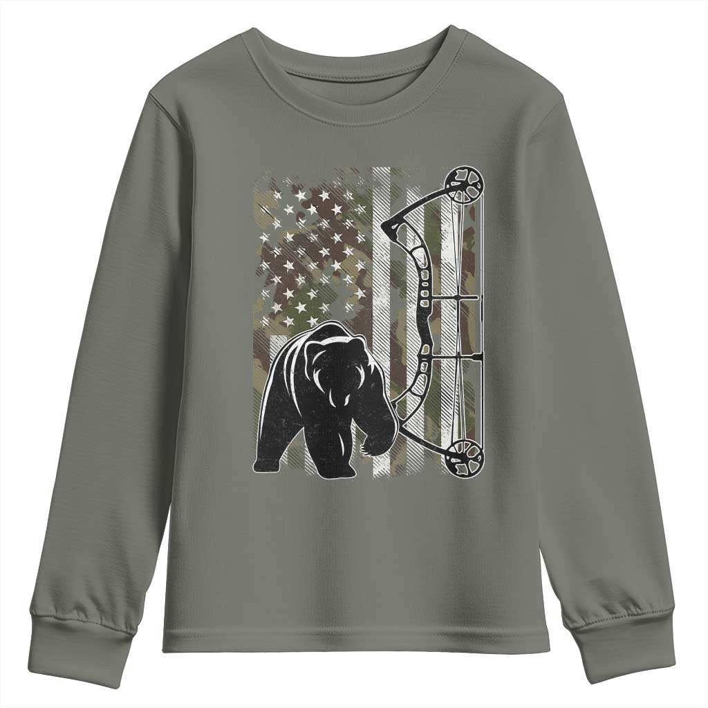 Bear Bowhunting Bow Archery Vintage Camo American Flag Youth Sweatshirt - Wonder Print Shop