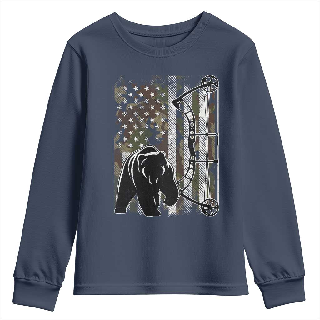 Bear Bowhunting Bow Archery Vintage Camo American Flag Youth Sweatshirt - Wonder Print Shop