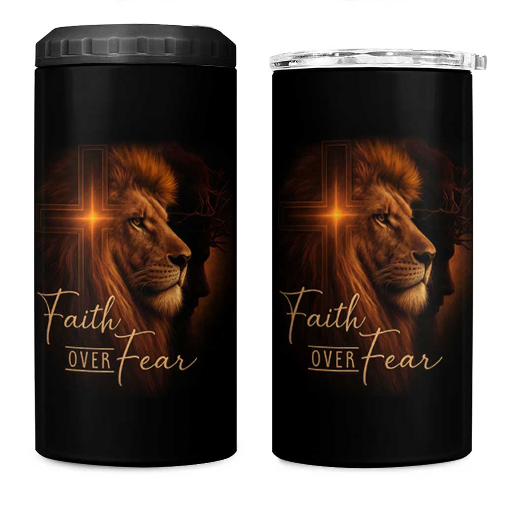 Faith Over Fear 4 in 1 Can Cooler Tumbler Lion Of Judah Jesus Christian Religious - Wonder Print Shop