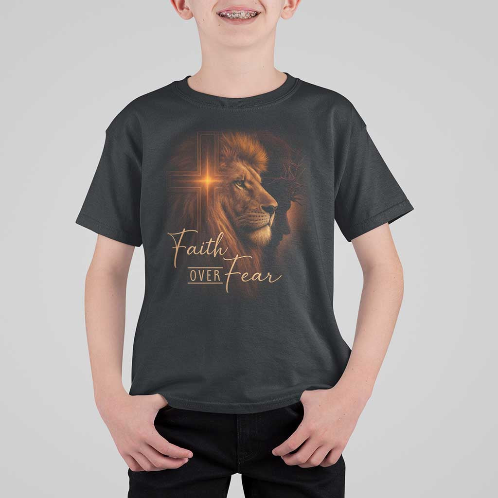 Faith Over Fear T Shirt For Kid Lion Of Judah Jesus Christian Religious - Wonder Print Shop